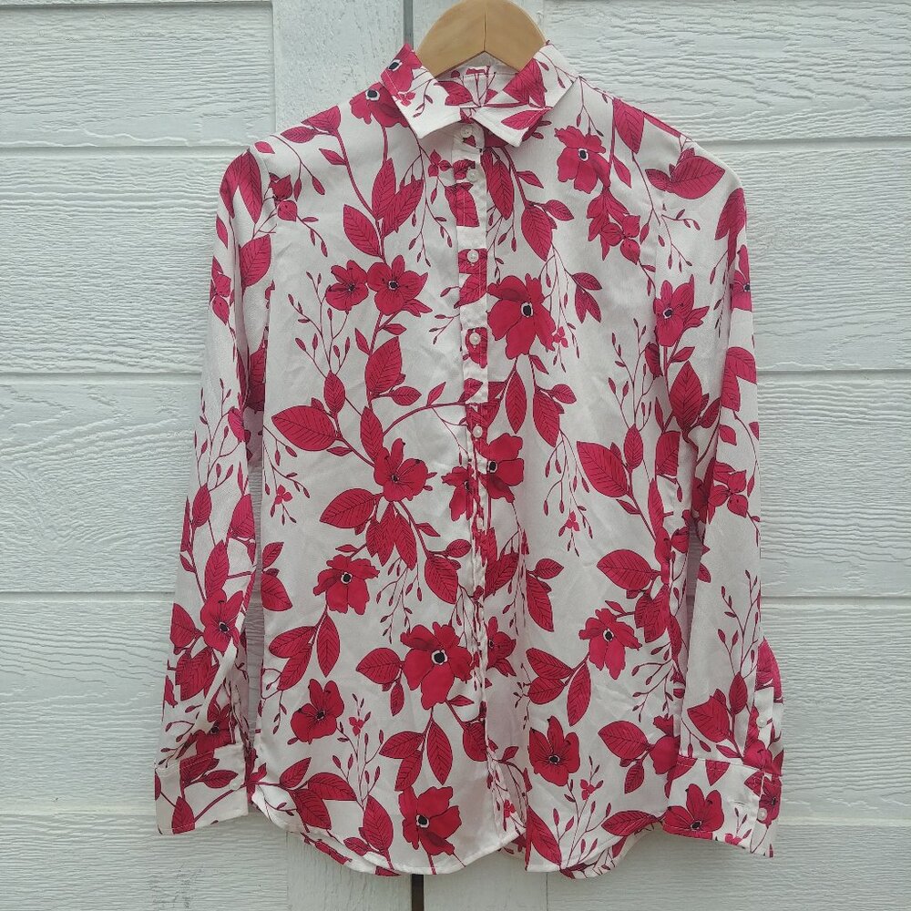 Banana Republic Dillon Shirt button down blouse white with red and black floral